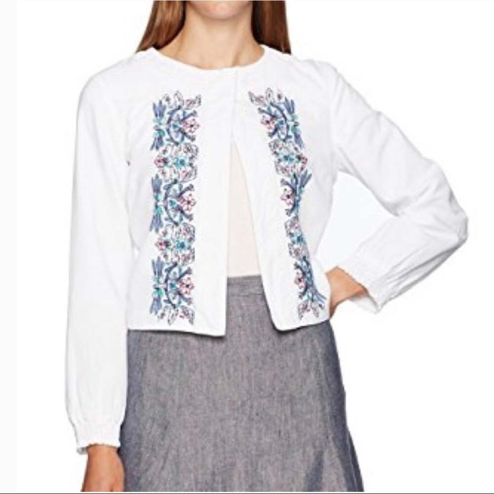 NANETTE LEPORE White Floral Embroider Peasant Crop Linen Blend Open Front Jacket